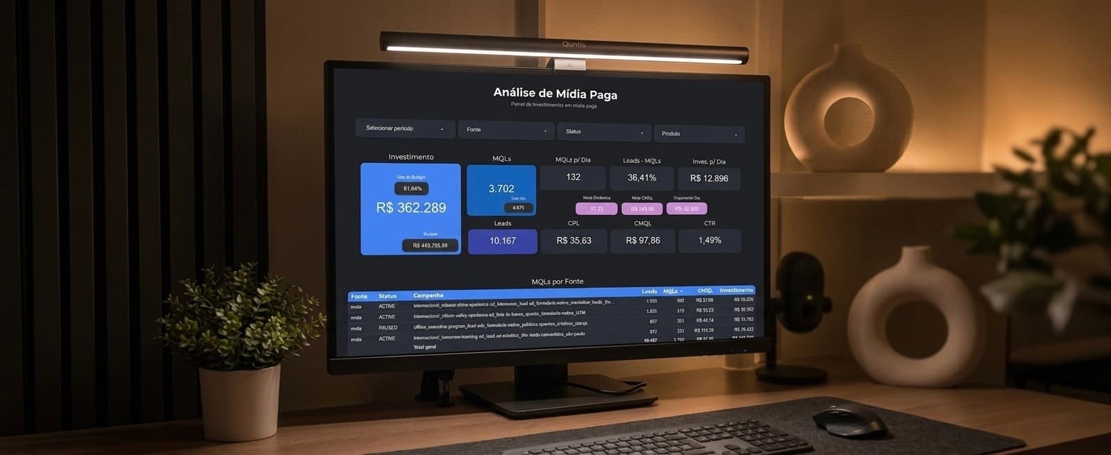 Dashboard de mídia paga cruzado com MQLs